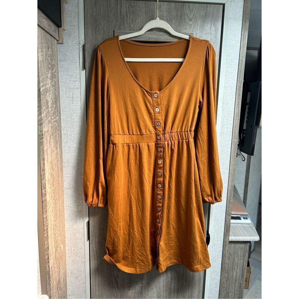 NEW Round Neck Midi Dress Button Up High Waist Dress M Pockets